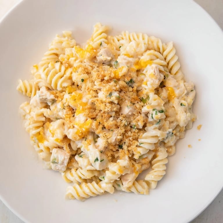 A close-up of a bowl of Jalapeño Popper Chicken Pasta, showcasing tender chicken and spicy jalapeños.