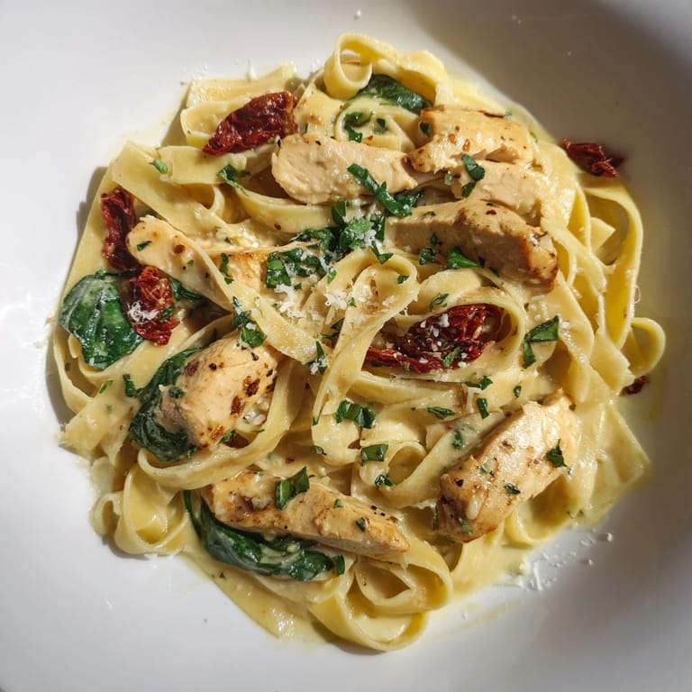 Imagine the aroma: creamy Tuscan Chicken Pasta with fresh basil and Parmesan, ready to savor.