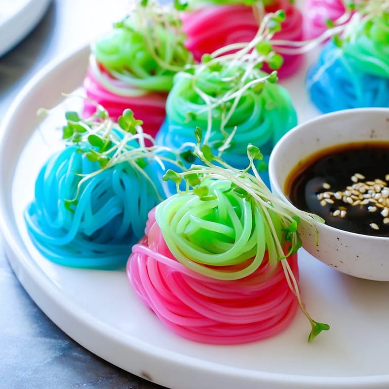Vibrant Neon Noodle Clouds, a whimsical, fun appetizer with a side of savory soy sauce.