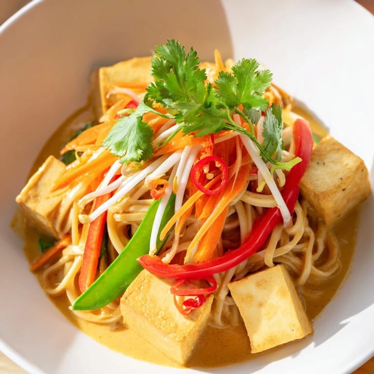 A comforting close-up view of Malaysian Laksa with rice noodles, topped with fresh herbs and lime.