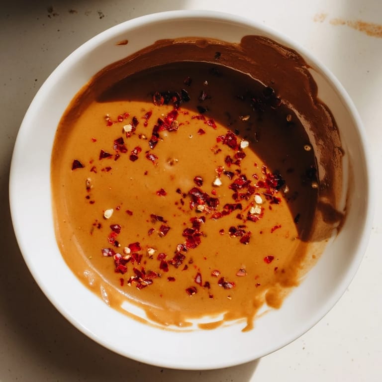 Creamy peanut butter-based Indonesian satay sauce bubbling gently on the stove top; a taste of Indonesia!