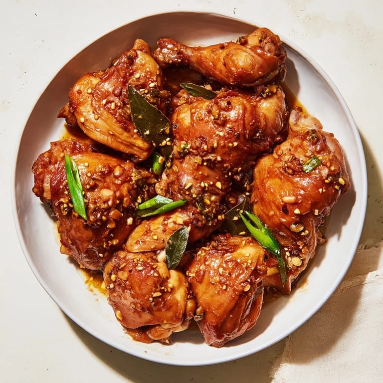Delicious Filipino Chicken Adobo, ready to serve; juicy chicken in a tangy, savory sauce.