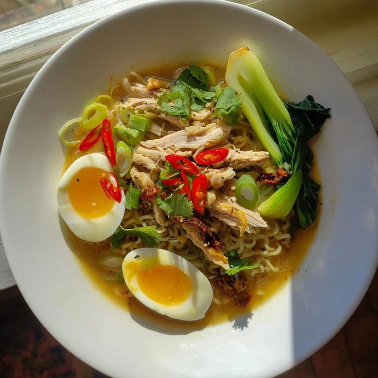 Close up shows flavorful Thai Miso Ramen with tender chicken, soft egg, and crispy shallots.
