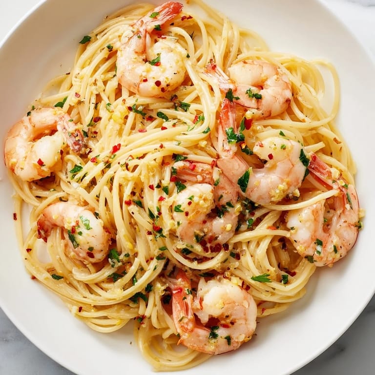 Lemon Garlic Shrimp Pasta served in a white bowl with parsley and lemon wedges, perfect for a quick dinner.