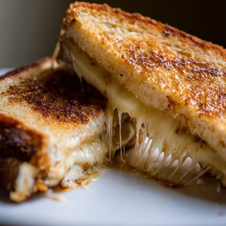 Served with a bowl of tomato soup, this Three-Cheese Grilled Cheese offers a comforting, vegetarian lunch with a satisfyingly crunchy exterior.
