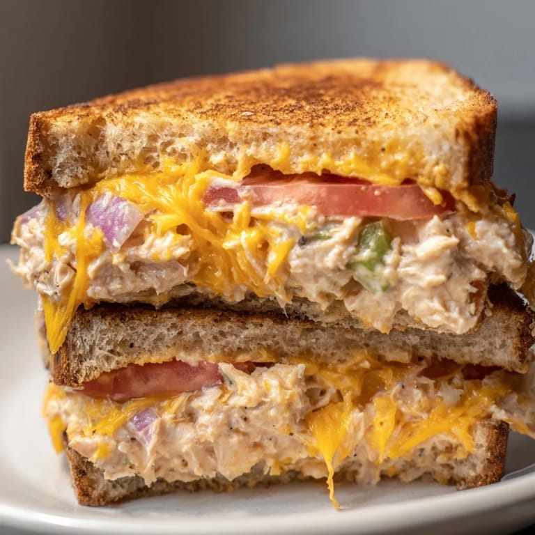 A skillet-cooked spicy tuna melt featuring zesty tuna salad and melted cheddar, ready to serve.