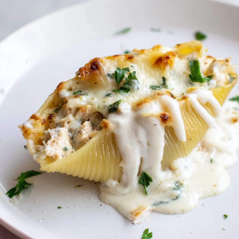 Freshly baked Chicken Alfredo Stuffed Shells on a rustic table, garnished with parsley alongside a green salad.