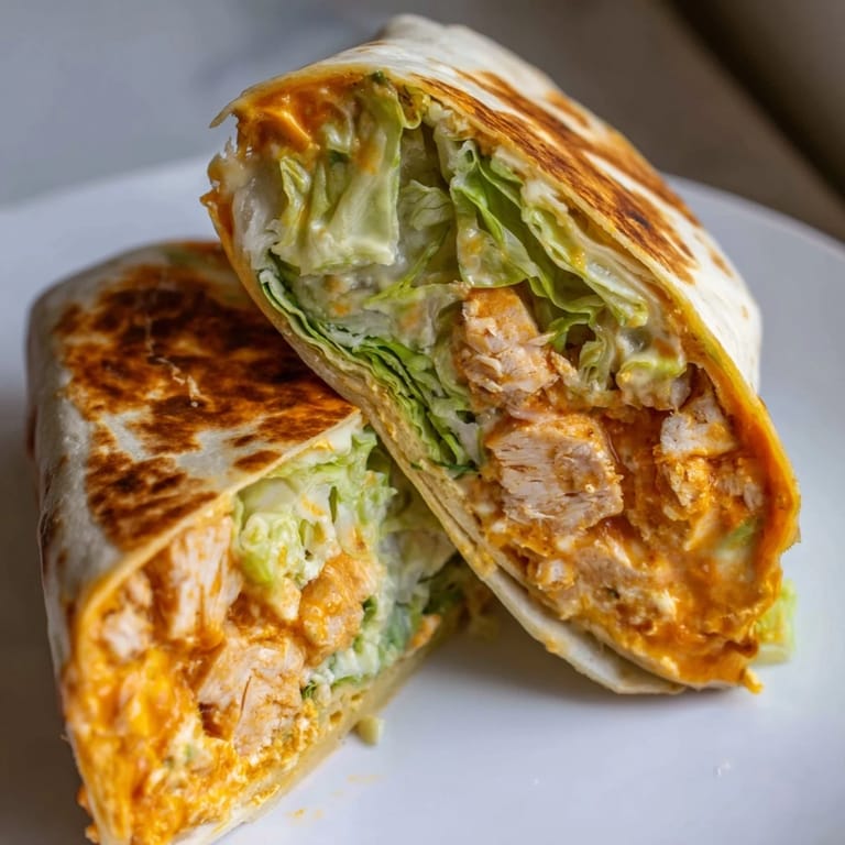 Hand holding a warm Buffalo Ranch Chicken Wrap, extra buffalo sauce drizzling down the side onto a marble countertop.
