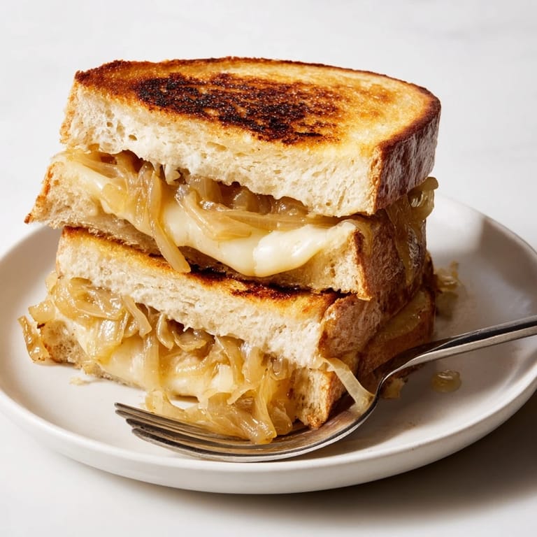 Two halves of a buttery Caramelized Onion & Gruyère Grilled Cheese stand upright, showcasing the rich, gooey Gruyère and golden crust.