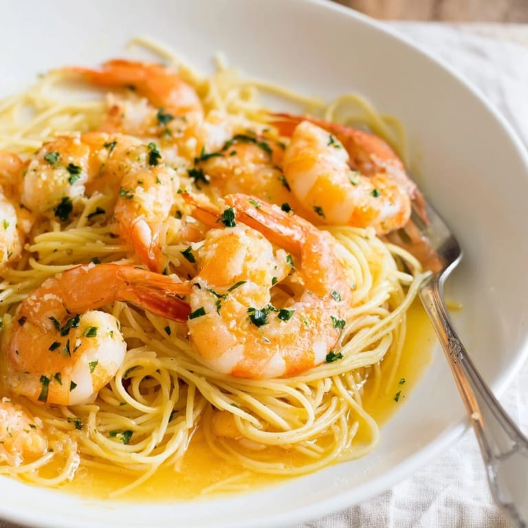 A close-up of vibrant Lemon Butter Shrimp Pasta Lite with tender pink shrimp and a glistening, aromatic lemony butter sauce.  