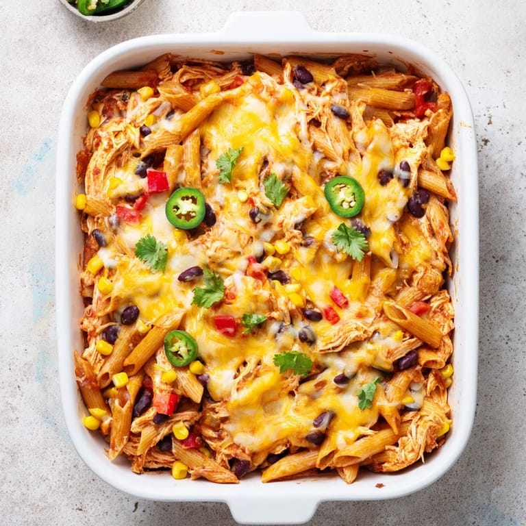 Close-up of Chicken Burrito Pasta Bake, highlighting tender chicken, black beans, and gooey cheese.