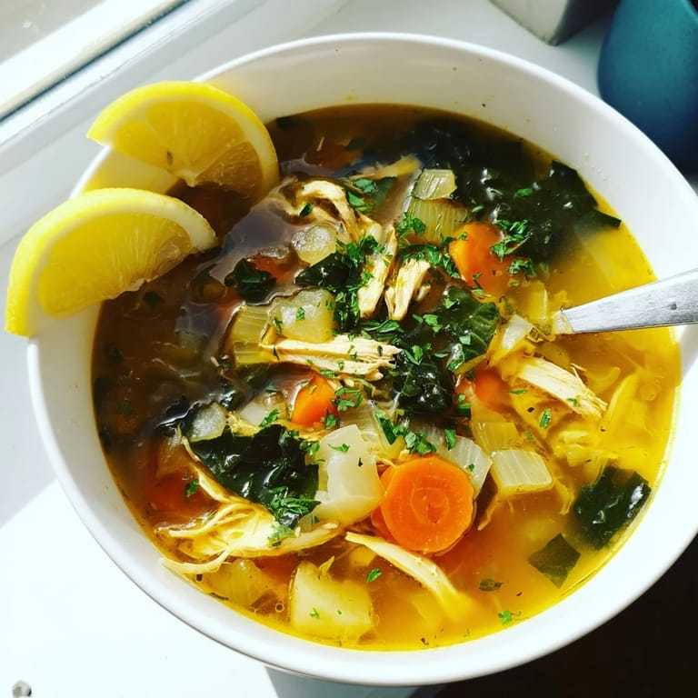 Close-up of High Protein Lemon and Turmeric Chicken Soup in a white bowl, steam rising, revealing golden broth, chicken, and vibrant vegetables for a nourishing meal.