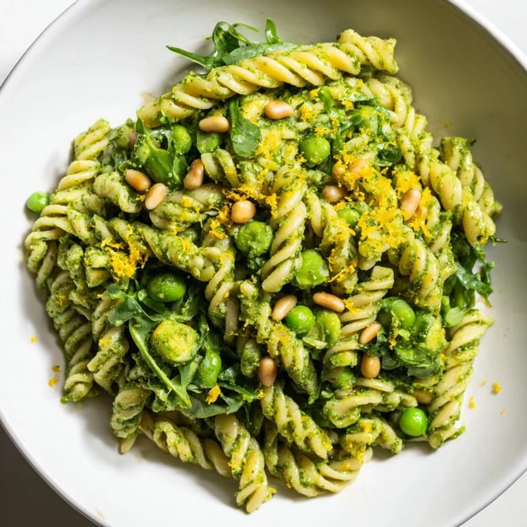 Chilled Spring Green Pesto Pasta Salad is served with toasted pine nuts and a sprinkle of zesty lemon zest.