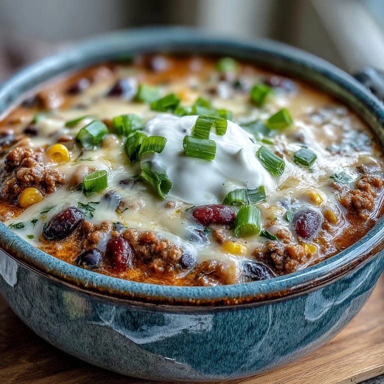 Hearty ground beef taco soup, topped with melted cheese and fresh garnishes.