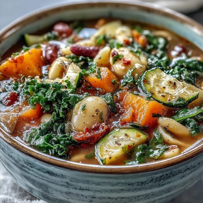 Steaming bowl of Winter Minestrone Soup, packed with beans, pasta, and greens.