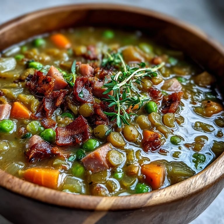 Savory Split Pea and Ham Soup, thick with tender peas and ham.