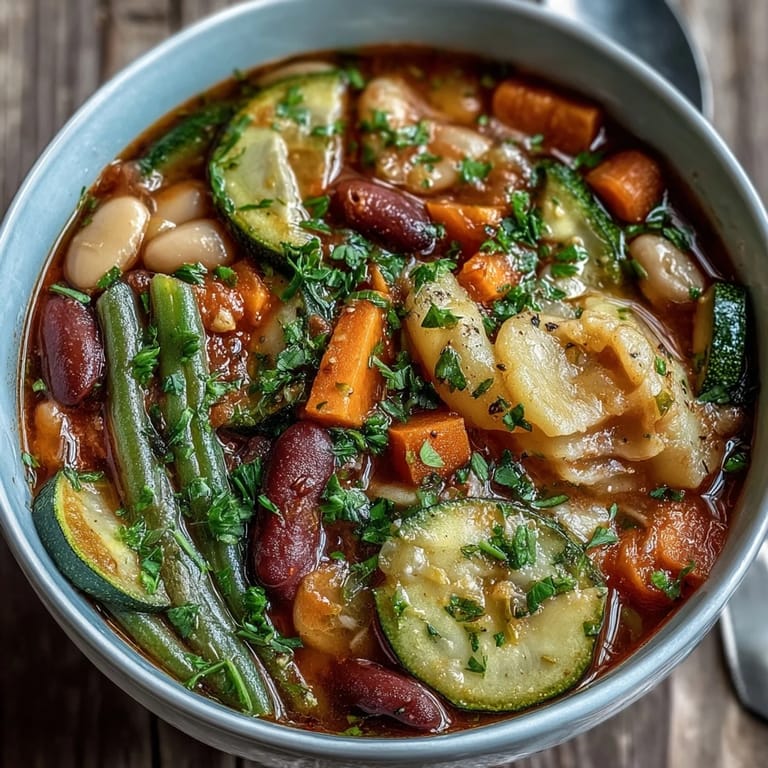 Wholesome Italian minestrone soup with tender beans and pasta, ready to ladle.