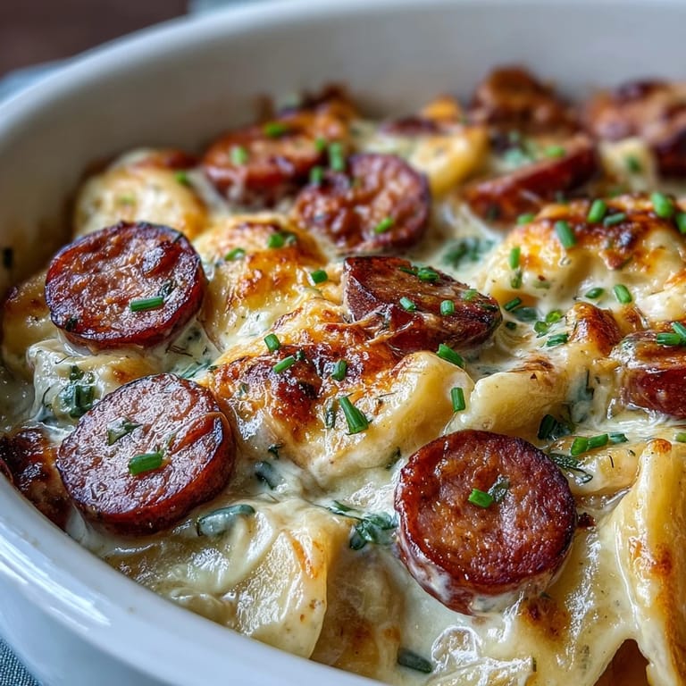 Hearty Crockpot Pierogi Casserole With Kielbasa displays golden-brown sausage slices and creamy sauce pooling around pillowy dumplings in a rustic ceramic dish.