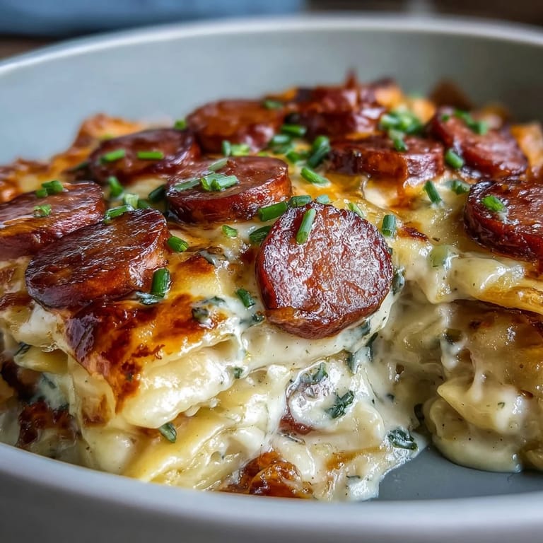 Creamy Crockpot Pierogi Casserole With Kielbasa bubbling in a crockpot, garnished with chives and ready to serve with a hearty wooden spoon.