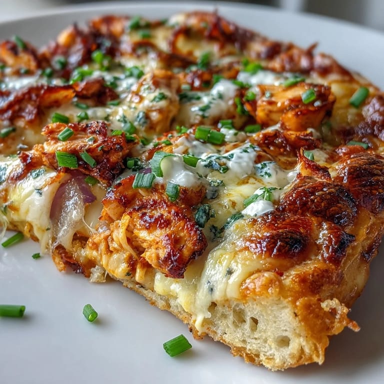 Buffalo Chicken Pizza with shredded chicken, blue cheese crumbles, and red onion on a golden crust, served on a dark slate platter.