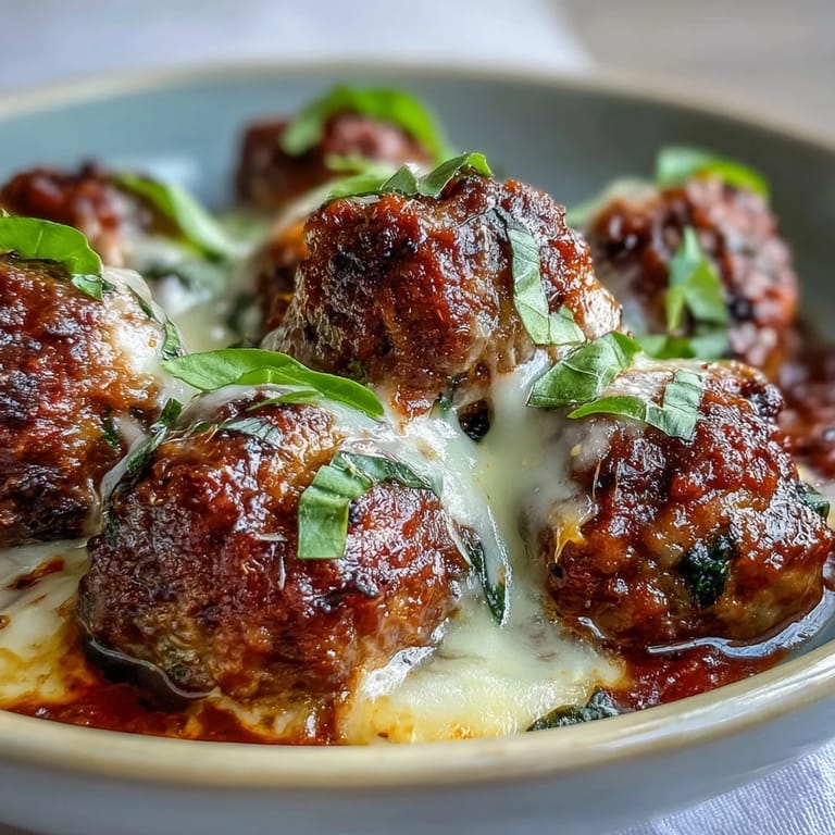 A close-up of Cheesy, Garlicky Meatballs With Marinara shows melted mozzarella and a rich, chunky red tomato sauce.