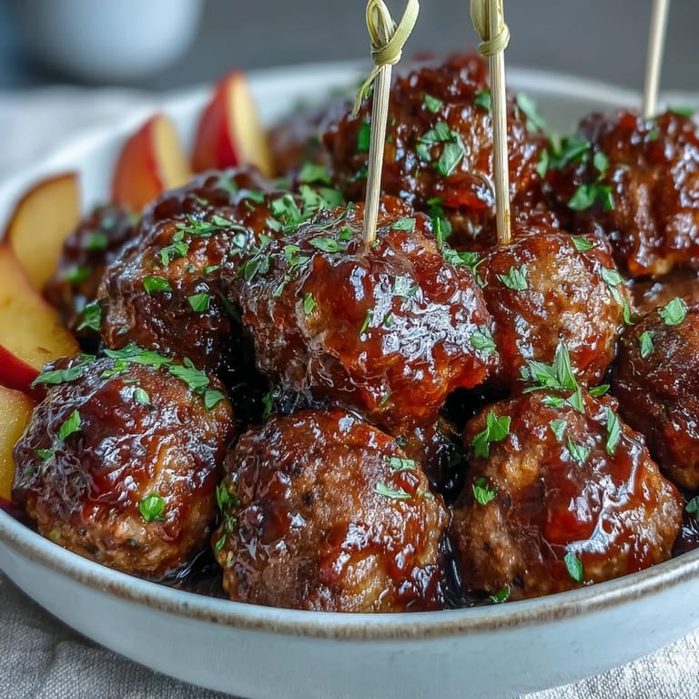 Glossy, sticky Slow Cooker Peach Glazed Meatballs piled high, ready to be picked up with toothpicks.