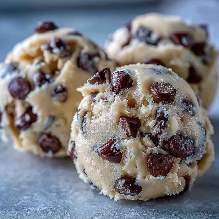 Hand holding a spoonful of Greek Yogurt Cookie Dough with melty chocolate chips over a marble counter.