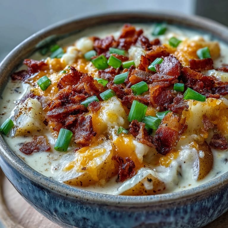 Velvety bowl of Loaded Potato Soup with melted cheddar cheese and a dollop of sour cream garnish.