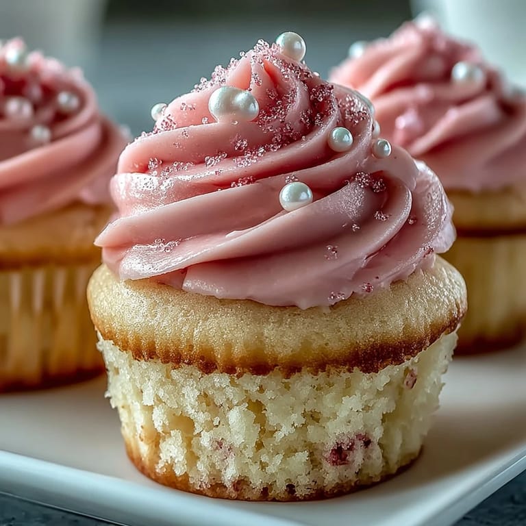Four Pink Velvet Cupcakes topped with swirls of vanilla buttercream frosting on a marble countertop.