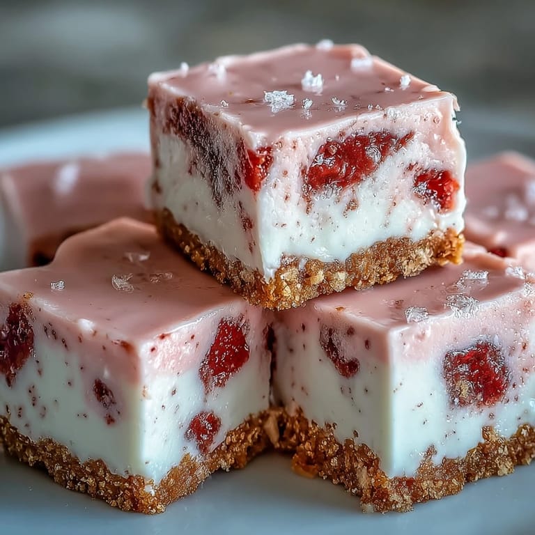 Homemade No-Bake Strawberry Fudge Squares garnished with fresh strawberries, cut into neat squares.