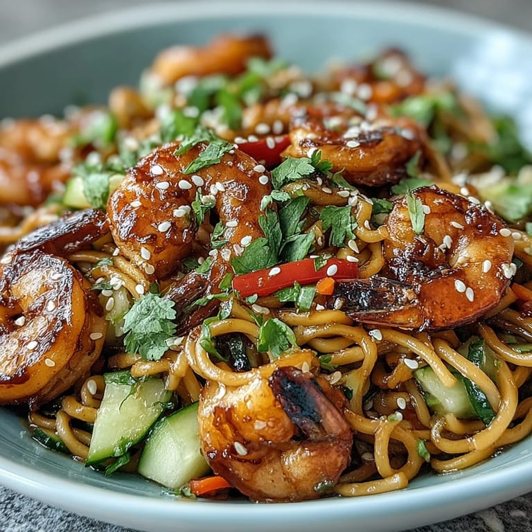 A close-up of 15-Minute Asian Noodle Bowl With Grilled Shrimp drizzled with spicy sriracha and sesame seeds.