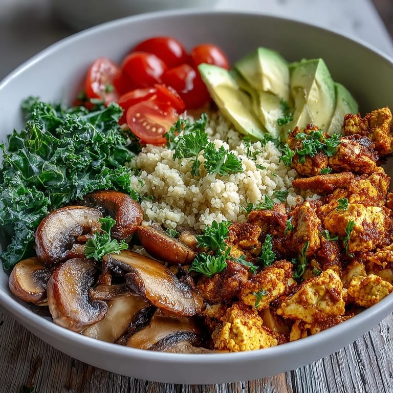 Hearty scrambled tofu breakfast bowl topped with creamy avocado and fresh parsley for brunch.