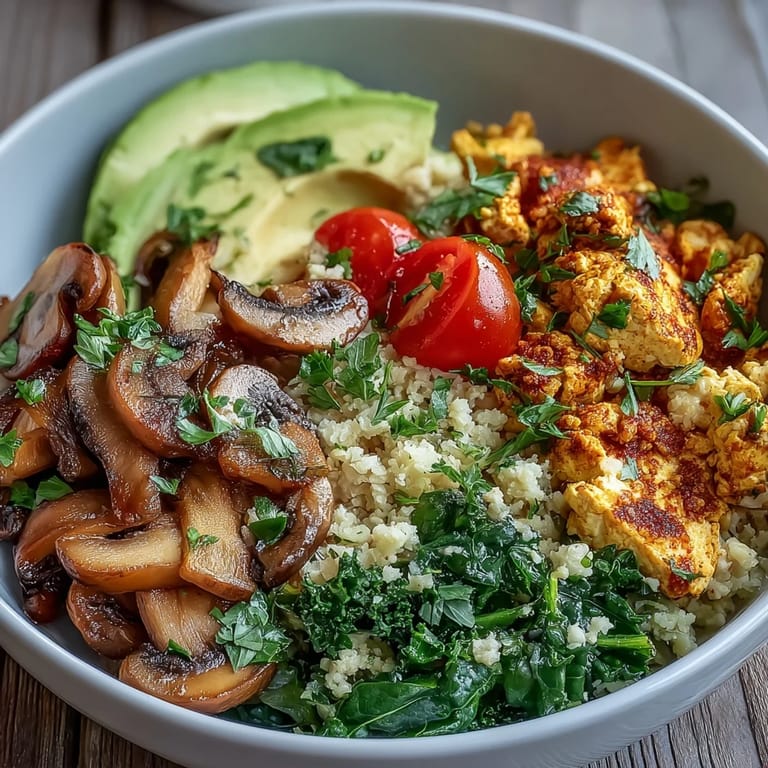 Vibrant scrambled tofu breakfast bowl with golden turmeric, garlicky mushrooms, and wilted green kale.