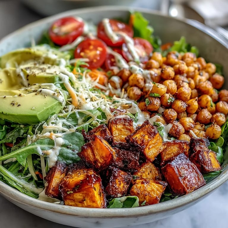Garnished with shredded carrots and cucumbers, this colorful Breakfast Buddha Bowl features golden roasted chickpeas and a rich, garlicky tahini drizzle.
