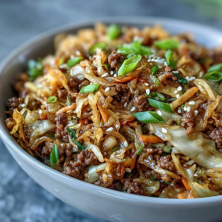 Quick and easy Egg Roll in a Bowl with crunchy cabbage slaw mix and a savory soy-sesame glaze.
