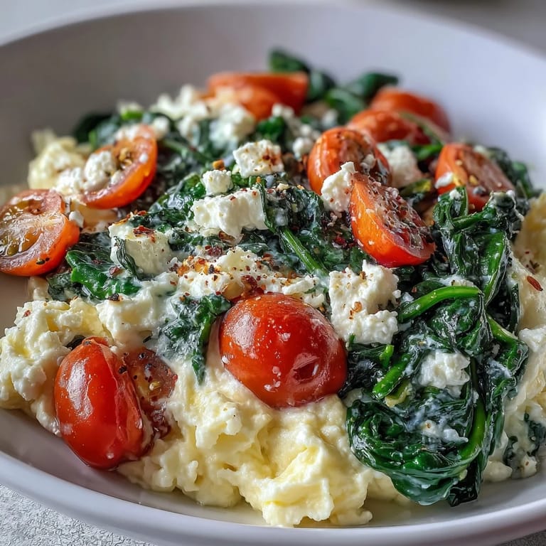 A Mediterranean-inspired Spinach and Feta Breakfast Bowl with fluffy eggs, crumbled feta, and crispy toasted whole grain bread on a rustic table.