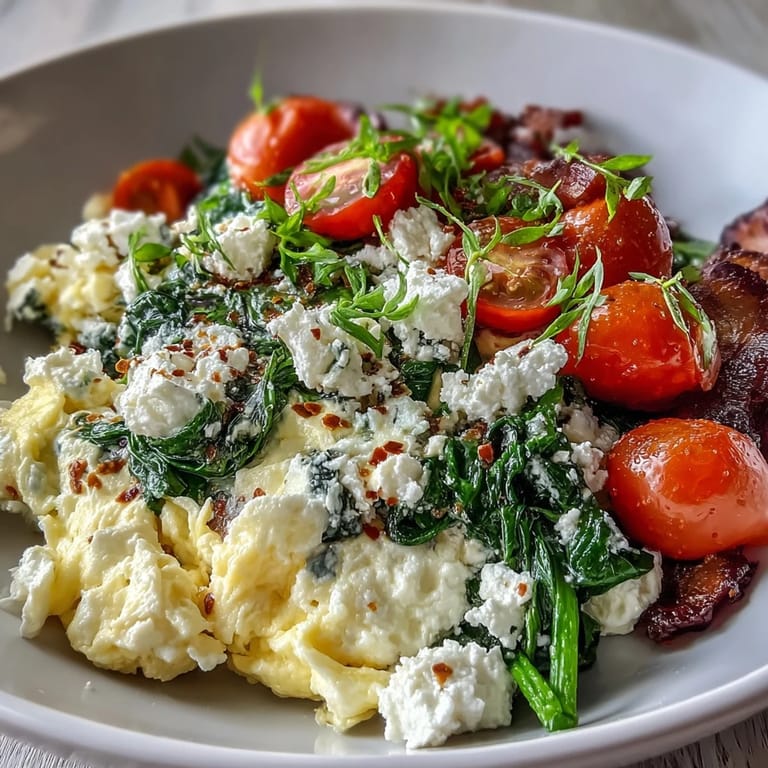 Close-up of a Spinach and Feta Breakfast Bowl showing juicy tomatoes, wilted spinach, and creamy cheese, ready to be enjoyed for breakfast.