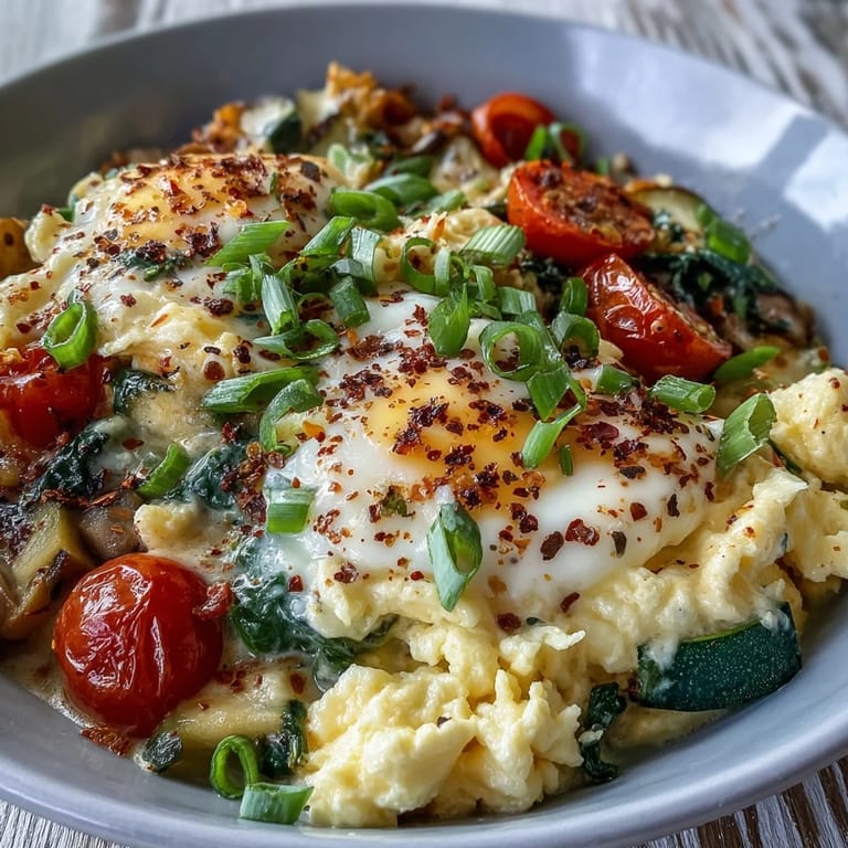 Healthy scrambled egg and veggie bowl topped with green onions and red pepper flakes.