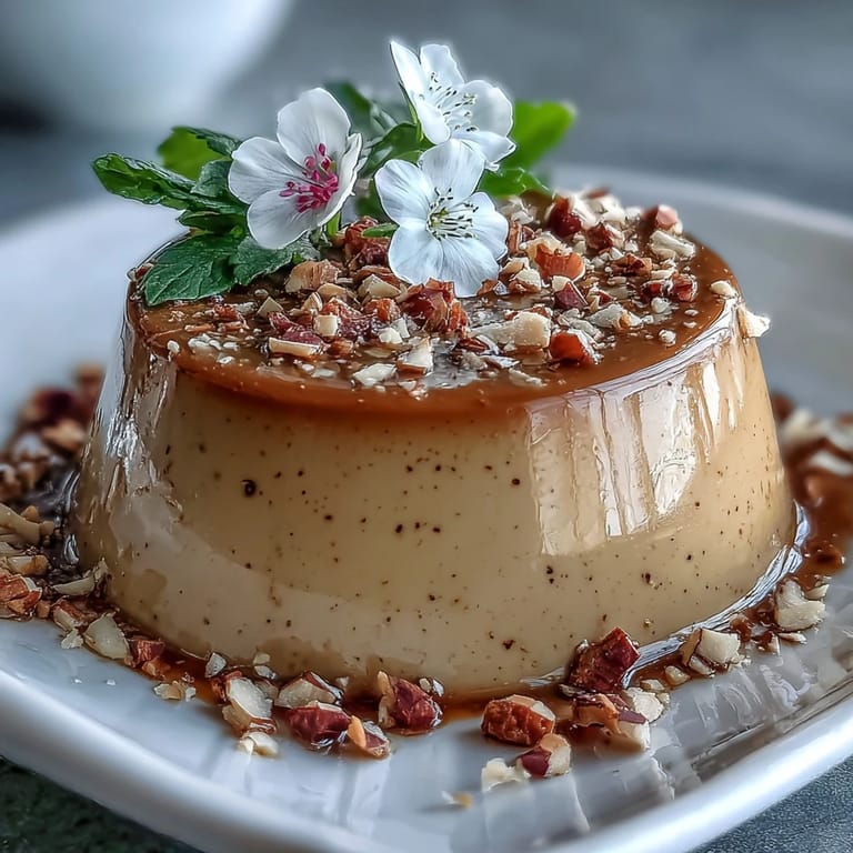 Chilled Hojicha Panna Cotta served in a glass, layered with roasted nuts and a tea leaf garnish, perfect for a dinner party.
