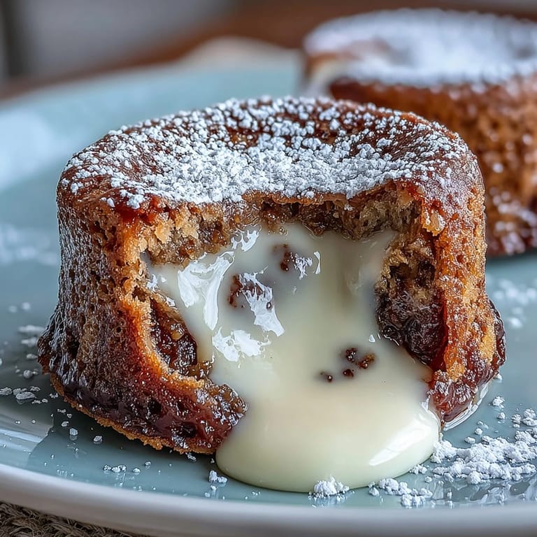Decadent Hojicha White Chocolate Lava Cake served in a ramekin, garnished with a dollop of whipped cream and a dusting of powdered sugar.