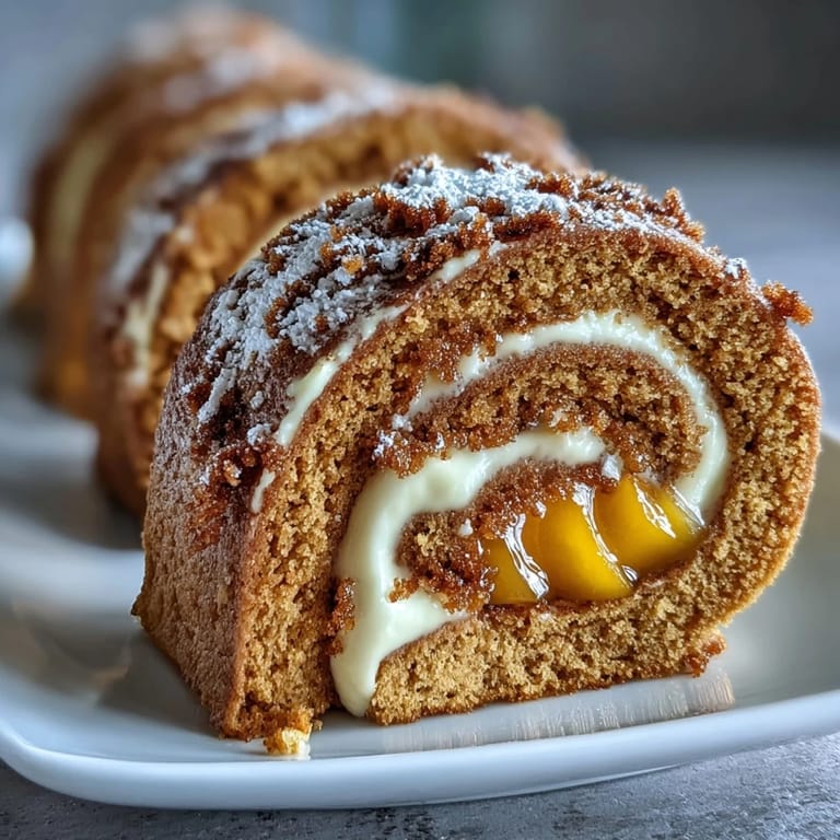 A Hojicha Roll Cake with a toasted hojicha cream swirl, served on a white plate with a dusting of powder.