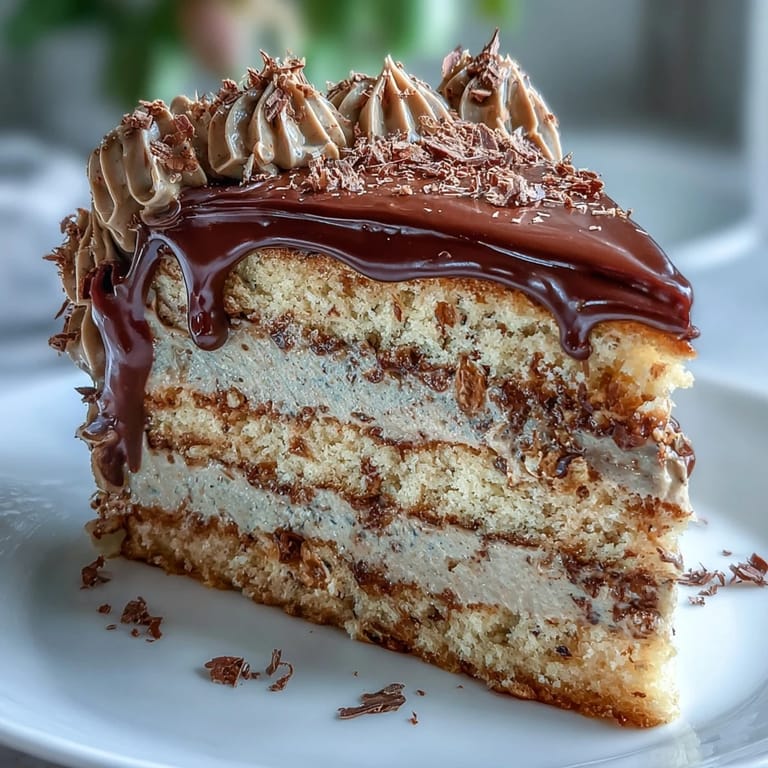 Overhead view of Hojicha Butter Cream Cake with dark chocolate drip, ready to serve with matcha latte.