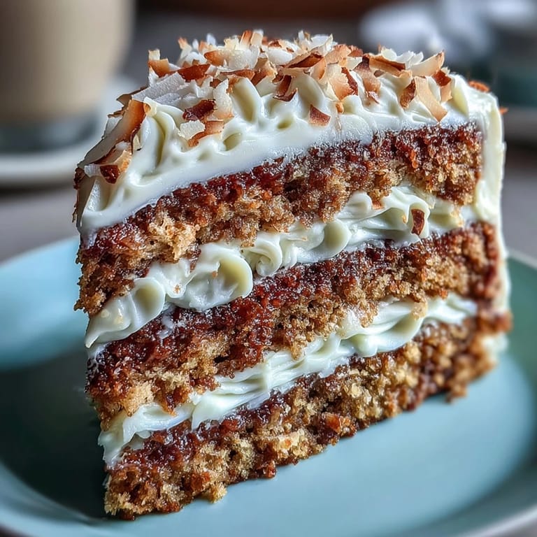 Freshly frosted Vegan Hojicha Latte Cake on a ceramic platter with coconut flakes and a subtle roasted tea aroma.