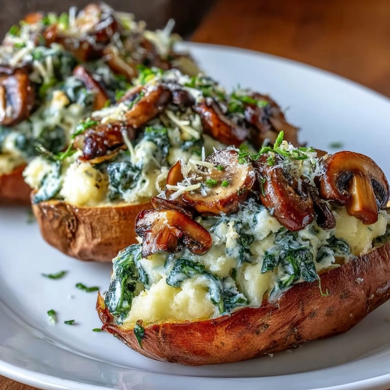 Soft roasted sweet potatoes filled with a savory cream cheese, mushroom, and spinach mixture, garnished with fresh herbs.