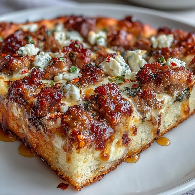Hot Sausage Feta Honey Pizza on a rustic cutting board, topped with spicy sausage and fresh parsley garnish.