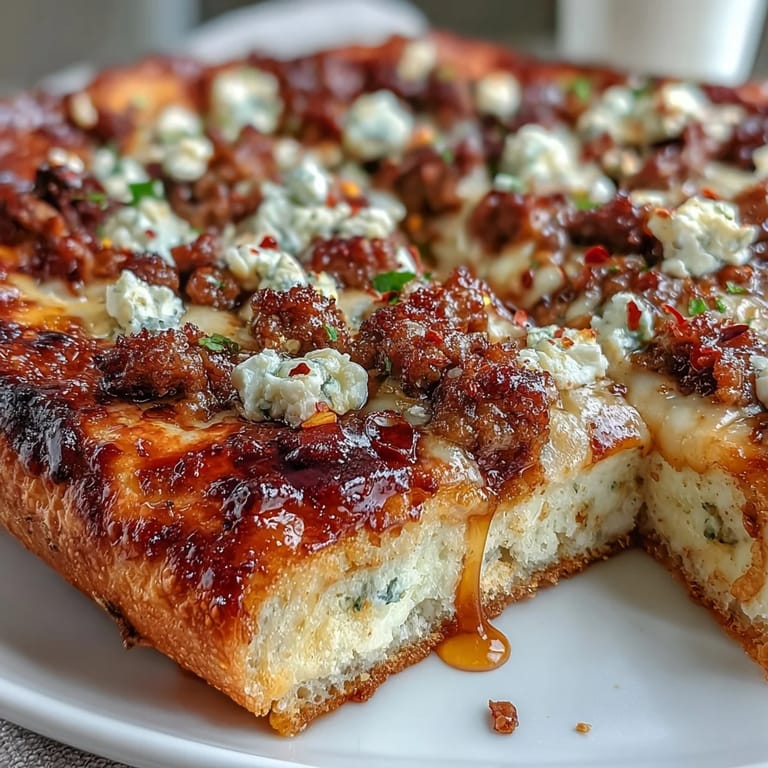 Sliced Hot Sausage Feta Honey Pizza showing a crispy crust, drizzled with sweet hot honey on a marble surface.