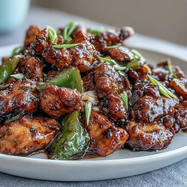 A skillet of sizzling Black Pepper Chicken garnished with fresh green onions, ready to serve.