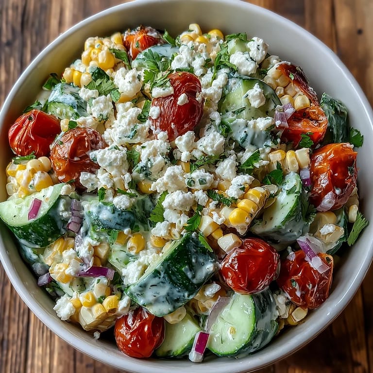Freshly prepared Street Corn Creamy Cucumber Salad showcasing charred corn, diced cucumbers, and a rich, zesty dressing drizzled on top.