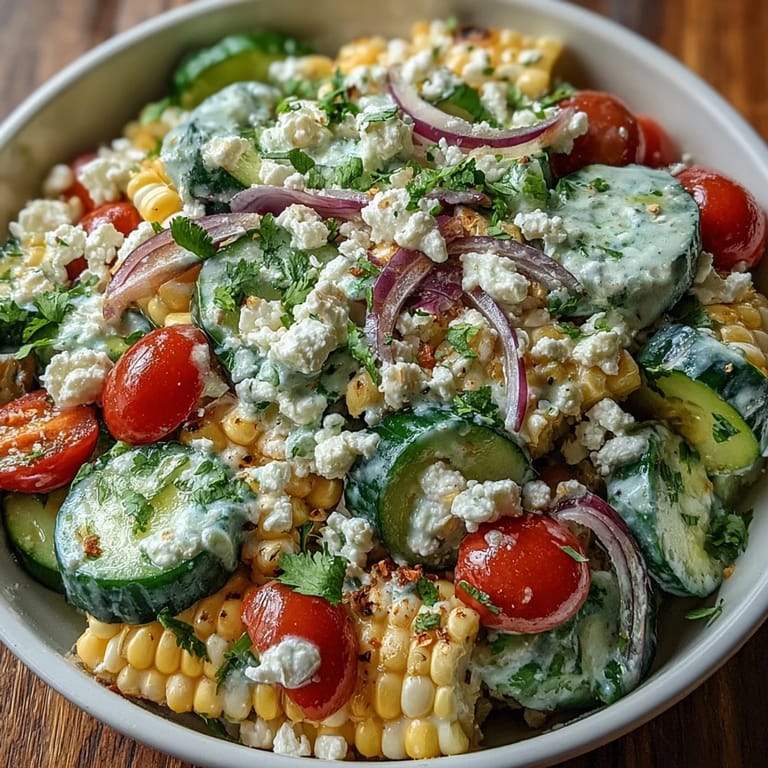 Colorful bowl of Street Corn Creamy Cucumber Salad topped with feta and herbs, served with tortilla chips on a rustic table.
