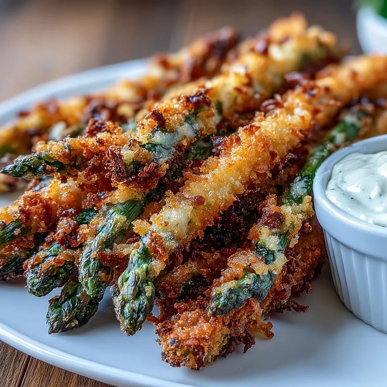 A hand dips a golden Crispy Chili-Garlic Asparagus Fry into a small bowl of pinkish-orange sriracha mayo. The crunchy breading and tender green asparagus spear promise a perfect bite with bold flavor.